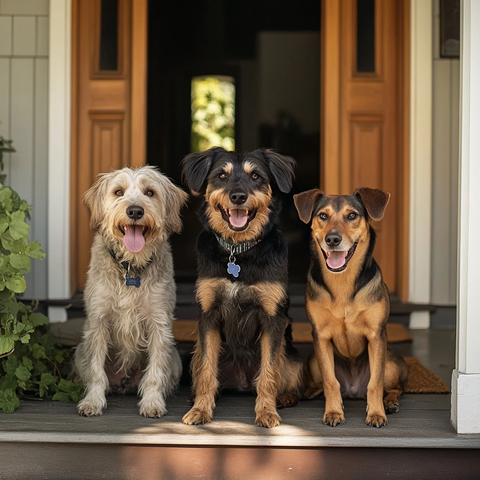 三只狗坐在家门口
