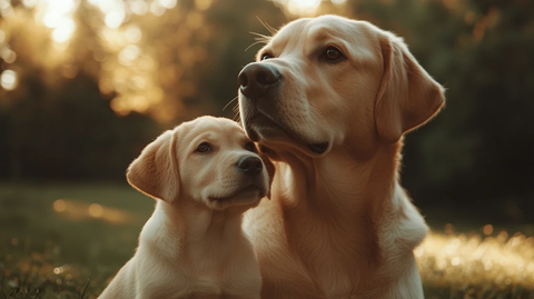 拉布拉多犬与幼犬草地互动