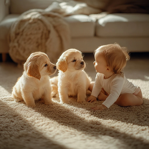 金毛幼犬与幼儿地毯玩耍