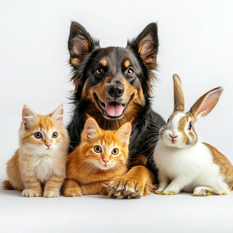 狗猫兔子白背景合影