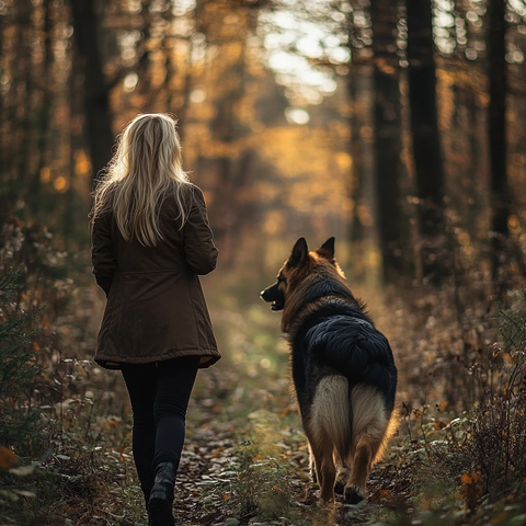 女人牵狗森林散步