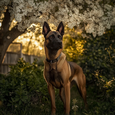 比利时牧羊犬站立白树前