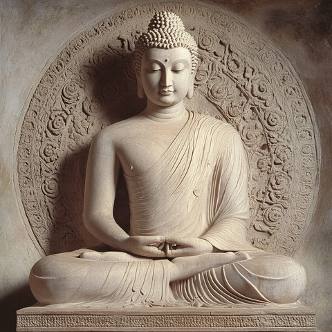 石质佛像雕塑坐禅姿态特写