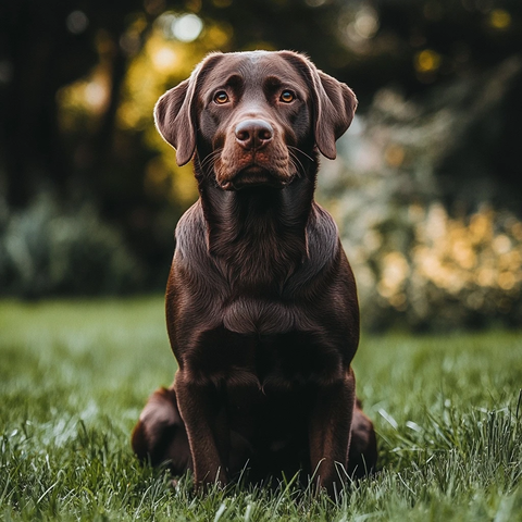 巧克力色拉布拉多坐在草地