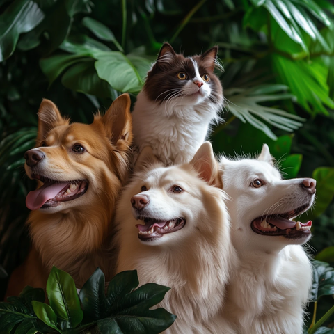 纯种犬叠放猫叶丛背景