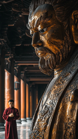 古建筑内的大型铜像及僧人身影