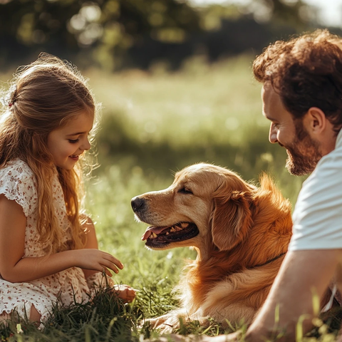 女孩与父母公园遛狗