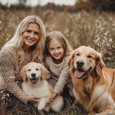 五位女性公园散步与金色犬