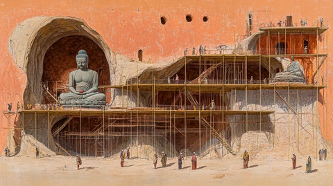 佛像建造现场工人在脚手架上忙碌施工