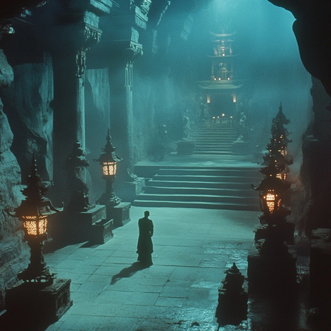 神秘人物独自行走在古旧的洞穴建筑中