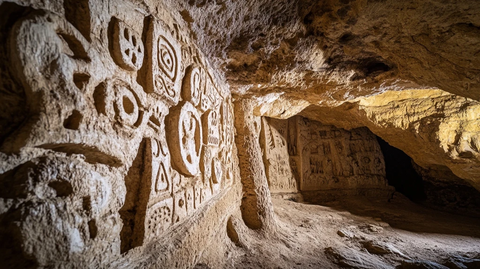 刻有神秘符号的古老洞穴内部景象
