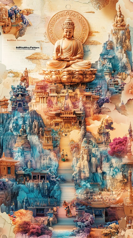 佛像坐于仙境般的佛教建筑群之上