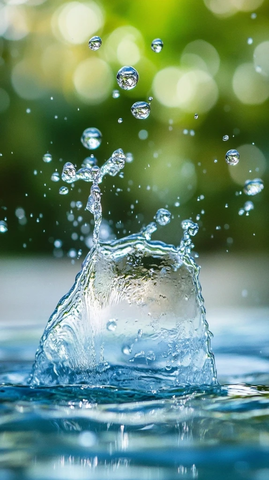清澈水滴飞溅阳光下