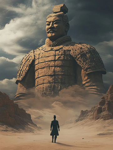 沙漠中一人面对巨大兵马俑雕像