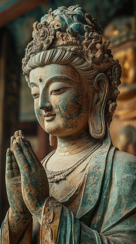 一尊双手合十的古老佛像雕塑