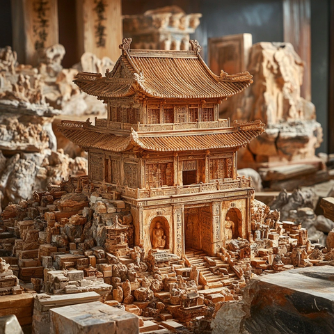 精致的传统中式楼阁木雕模型