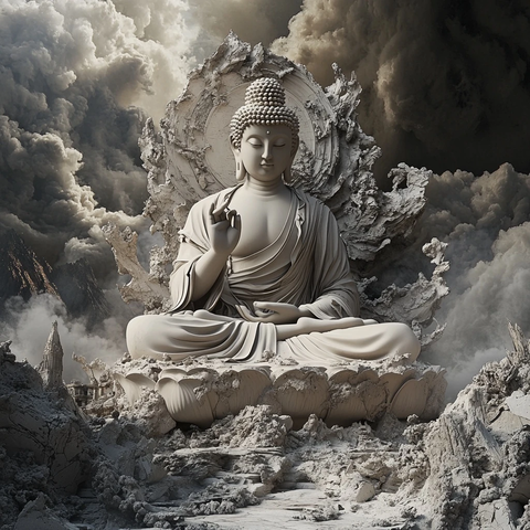 佛像雕塑静坐于废墟之上的震撼场景