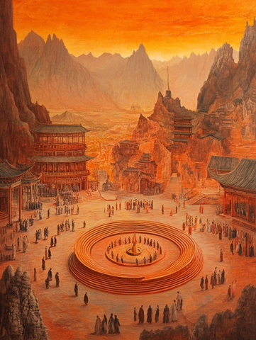 山中古建筑群前人群聚集的场景