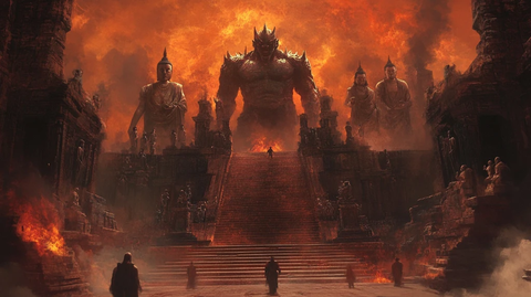巨型怪物立于火焰中的佛塔台阶之上