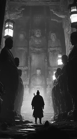 孤人行走于佛像林立的神秘昏暗古洞之中