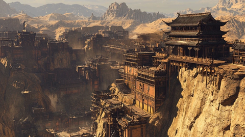 悬崖上的古风建筑群鸟瞰全景