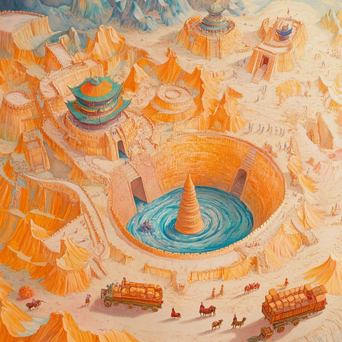 沙漠中古代建筑与运输场景的全景展示