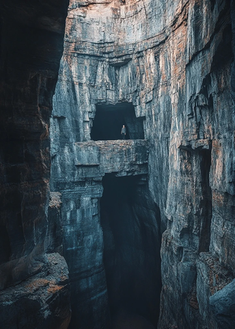 深谷裂缝间狭窄石桥上的独行者