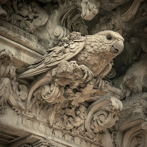 雕刻精美的古建筑鹦鹉造型