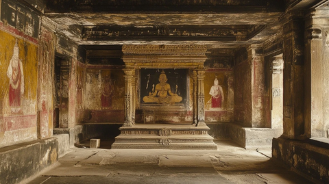 带有佛像的古老破旧寺庙内部景象