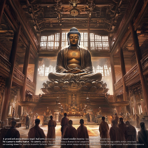 古寺庙内大佛前众僧参拜场景