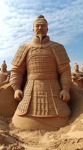 沙雕塑像古代将士威严站立的形象