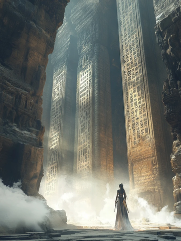 女子孤身立于神秘古老遗迹之中