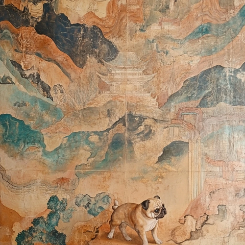 带有小狗的传统壁画风景图
