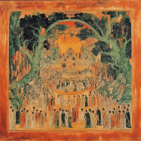 古代人物群像聚集于山林间的宏大场景