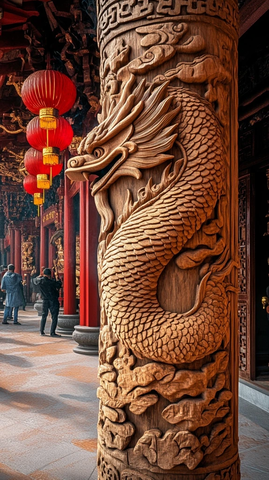 古建筑内雕龙立柱及红灯笼景象