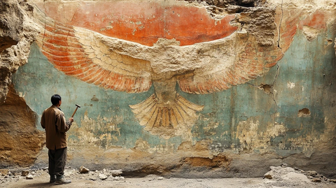 男子手持工具站在鹰壁画前