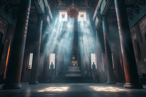 光线照射下的佛像及古建筑内部全景