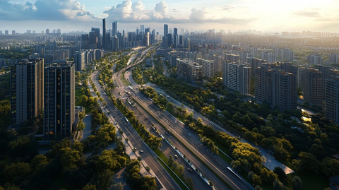现代化城市道路及林立高楼鸟瞰全景