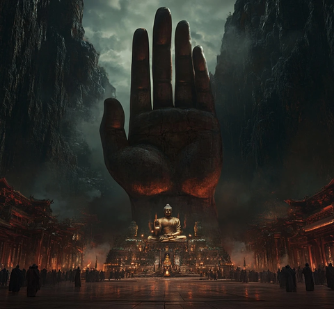 巨手佛像震撼场景神秘宗教氛围浓厚