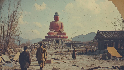 大佛遗址处有行人走过的景象