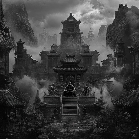 深山古建筑前盘腿而坐的人