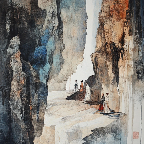 山间狭道中行走的古装人物