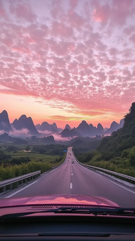 山间公路在霞光中延伸的美景
