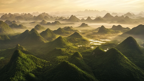 航拍视角下的绿色山林壮丽景观