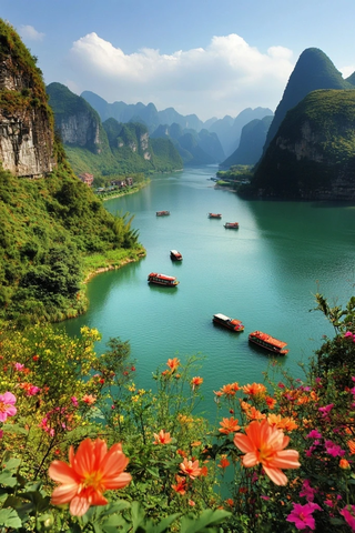 山水间游船缓行的自然风景图