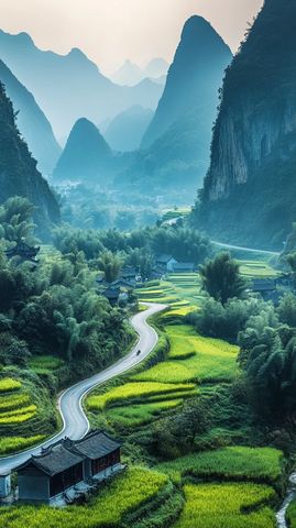 山间蜿蜒小路与翠绿梯田的乡村美景