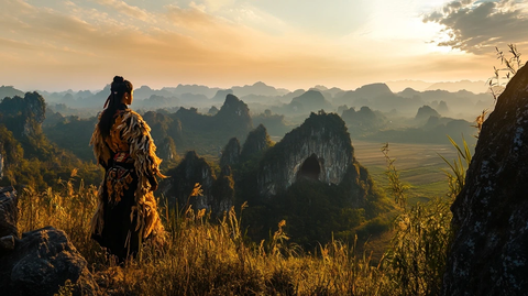 古装人物站在山间眺望远方的景象