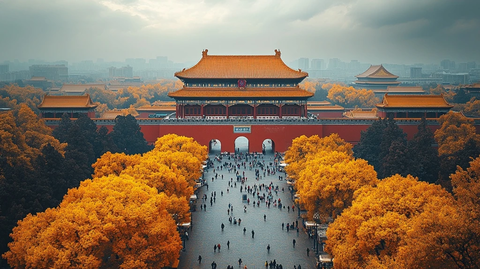 故宫午门秋景俯瞰人群涌动全景
