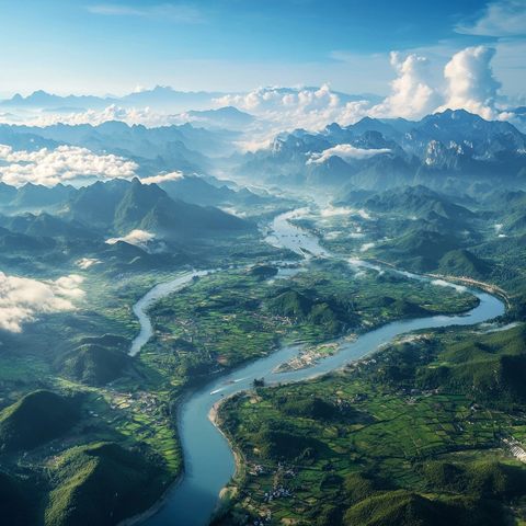 山间河流蜿蜒流淌的壮阔自然风景