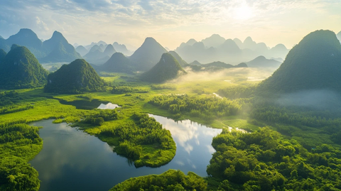 山间水域的自然风光鸟瞰全景